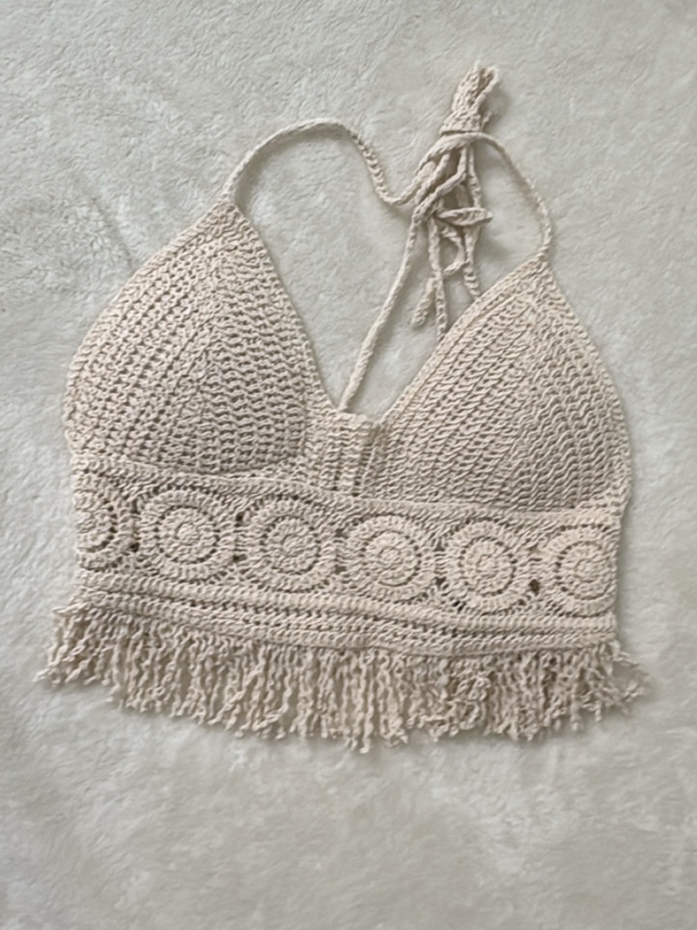 Crochet Fringe Halter Bralette - Cream